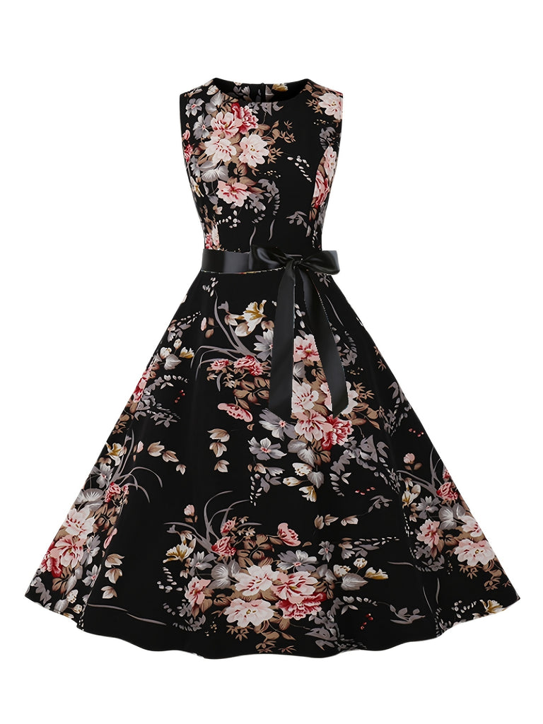 Kkboxly   Floral Print Tie Front Dress, Vintage Elegant Crew Neck Sleeveless Tank Dress, Women's Clothing