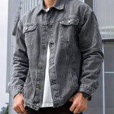 kkboxly  Men's Loose Fit Denim Jacket, Casual Street Style Lapel Button Up Jacket