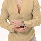 kkboxly  Men's Shirt Top V Neck Breathable Beach Shirt Long Sleeves Closure Regular Fit Solid Color Male Casual Shirt For Daily Vacation Resorts