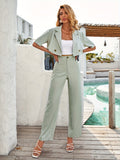 kkboxly  Solid Elegant Two-piece Set, Lapel Short Sleeve Cropped Blazer & Wide Leg Pants Outfits, Women's Clothing