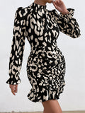 Leopard Print Ruched Dress, Sexy Mock Neck Long Sleeve Bodycon Dress, Women's Clothing