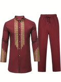 kkboxly Men's African 2 Pcs Set Long Sleeve Gold Print Cotton Dashiki And Pants Outfit Traditional Suit