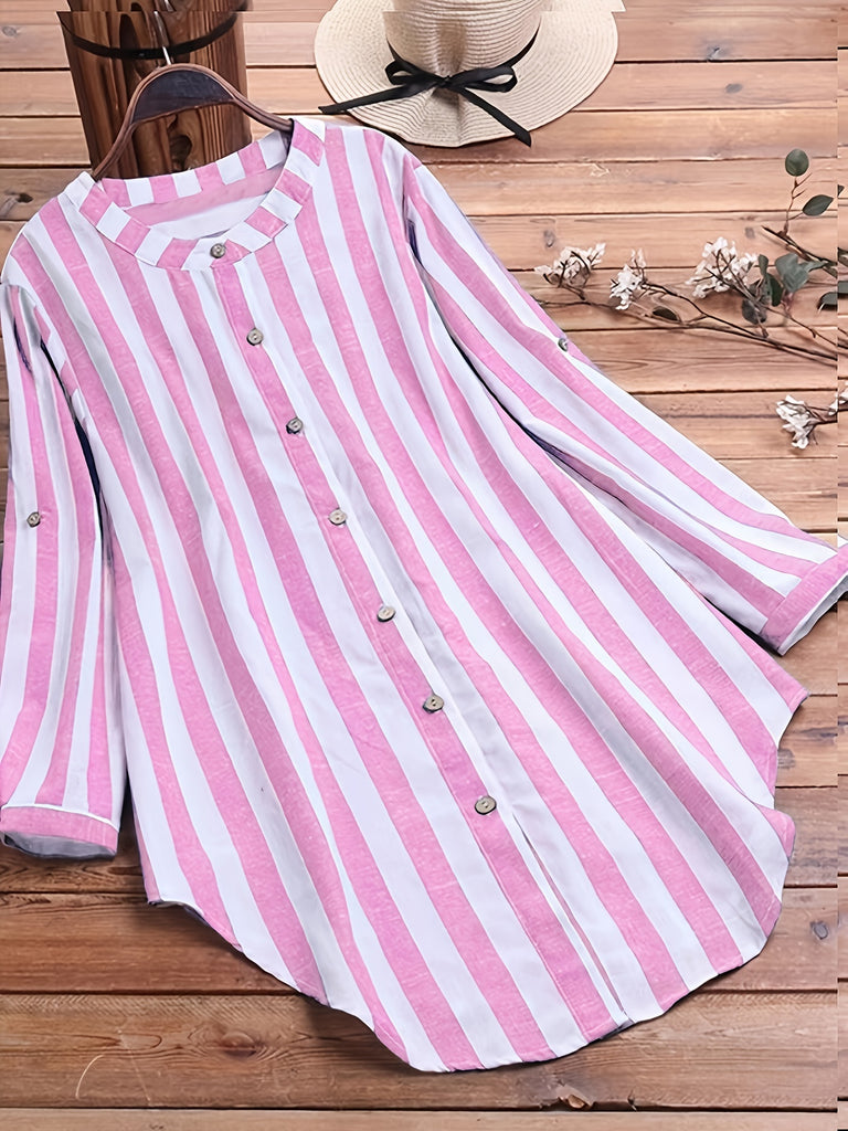 kkboxly  Plus Size Casual Blouse, Women's Plus Stripe Print Button Up Round Neck Long Sleeve Blouse