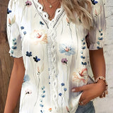 kkboxly   Floral Print Contrast Lace Blouse, Casual V Neck Short Sleeve Summer Blouse, Women's Clothing