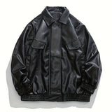 kkboxly  Men's Solid PU Jacket, Cool Personalized Cargo Jacket With Pockets For Autumn/winter, Men's Clothing, Plus Size