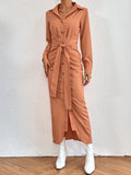 kkboxly  Solid Draped Lapel Button Front Tie Waist Dress, Elegant Long Sleeve Lightweight Split Maxi Dress, Women's Clothing