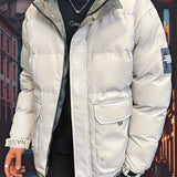 Men's Solid Padded Jacket, Men Casual Padded Coat Windbreaker Zipper Pocket Stand Collar For Men Winter