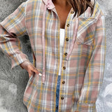 kkboxly  Hooded Plaid Print Blouse, Casual Button Front Drawstring Long Sleeve Blouse, Women's Clothing