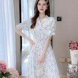 kkboxly  Floral Print Shirred Waist Dress, Elegant Short Sleeve Dress For Spring & Summer, Women's Clothing