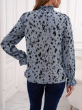 Leopard Print Shirred Trim Blouse, Casual Mock Neck Long Sleeve Blouse For Spring & Summer, Women's Clothing