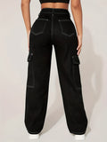 Black Multi-pocket Contrast White Seam Loose Denim Cargo Pants, Solid Color Slash Pocket Zipper Button Closure Cargo Jeans, Y2K Kpop Style, Women's Denim Jeans & Clothing