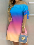 kkboxly  Color Block Off Shoulder Dress, Elegant Backless Short Sleeve Dress For Spring & Summer, Women's Clothing