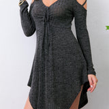kkboxly  Cold Shoulder Drawstring Dress, Casual V Neck Long Sleeve Mini Dress, Women's Clothing
