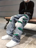 kkboxly  Embroidery Cotton Baggy Jeans, Men's Casual Creative Street Style Denim Pants For Spring Summer