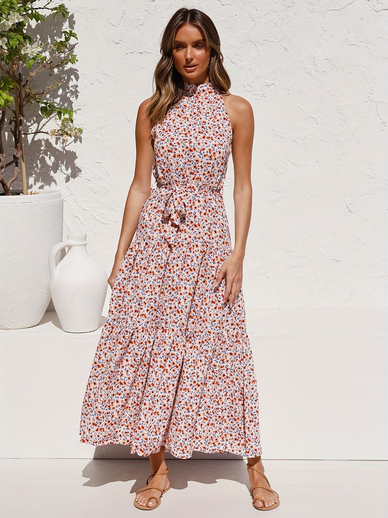 kkboxly  Floral Print Halter Neck Dress, Tie Waist Sleeveless Casual Dress For Summer & Spring, Women's Clothing
