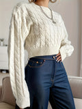 kkboxly  Cable Knit Crop Sweater, Long Sleeve Casual Sweater, Women's Clothing