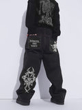 kkboxly  Men's Skeleton Embroidery Jeans, Casual Street Style Loose Fit Jeans, Halloween Gift