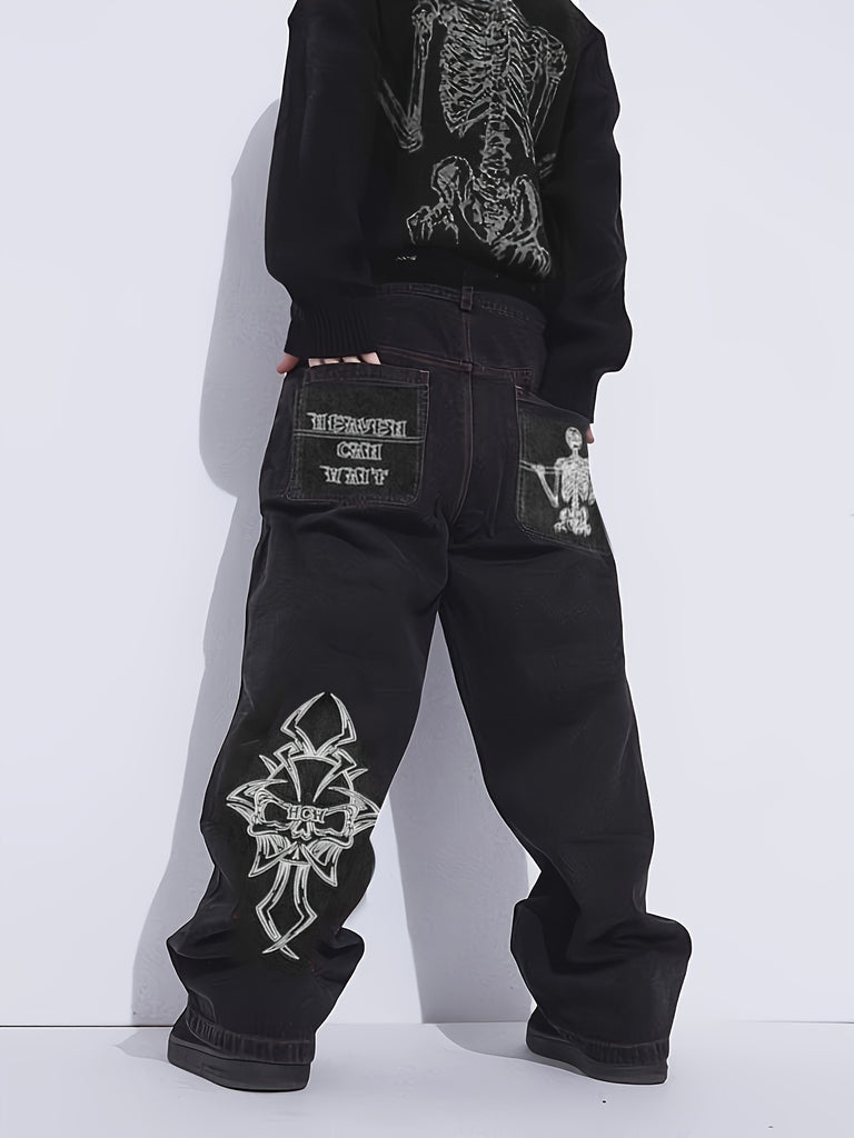 Men's Skeleton Embroidery Jeans, Casual Street Style Loose Fit Jeans, Halloween Gift