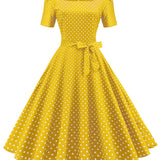 kkboxly  Polka Dot Bow Front Dress, Vintage Elegant Square Neck Short Sleeve Dress, Women's Clothing