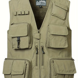 kkboxly  Zipper Pockets Cargo Vest, Men's Casual Street Style Zip Up Vest For Spring Summer Outdoor Fishing Photography