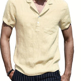 kkboxly  Solid Color Men's Casual Button Up Short Sleeve Lightweight Polo Shirt With Chest Pocket, Men's Polo For Summer