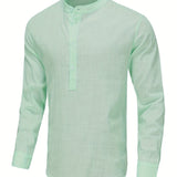 kkboxly  Classic Design Cotton Boat Neck Henley Shirt, Men's Casual Loose Fit Vintage Style Long Sleeve Henley Shirt For Spring Summer