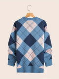kkboxly  Plain Color Block Loose Fit Warm Sweater, Men's Casual Retro Style Slightly Stretch Crew Neck Pullover Sweater For Fall Winter