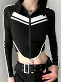 kkboxly  Colorblock Ribbed Zip Front Crop T-Shirt, Y2K Long Sleeve Top For Spring & Fall, Women's Clothing