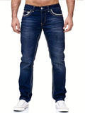kkboxly  Slim Fit Straight Leg Jeans, Men's Casual Street Style Distressed Medium Stretch Denim Pants For All Seasons