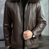kkboxly  Warm Thick Fleece PU Jacket, Men's Casual Zip Up Fur Collar Jacket Coat For Fall Winter