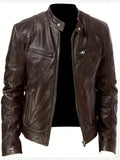 kkboxly  Chic PU Jacket, Men's Casual Solid Color Zip Up Stand Collar Faux Leather Jacket For Spring Fall