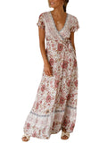 Kkboxly   Floral Print Bohemian Maxi Dress, V Neck Short Sleeve Dress For Spring & Summer, Women's Clothing
