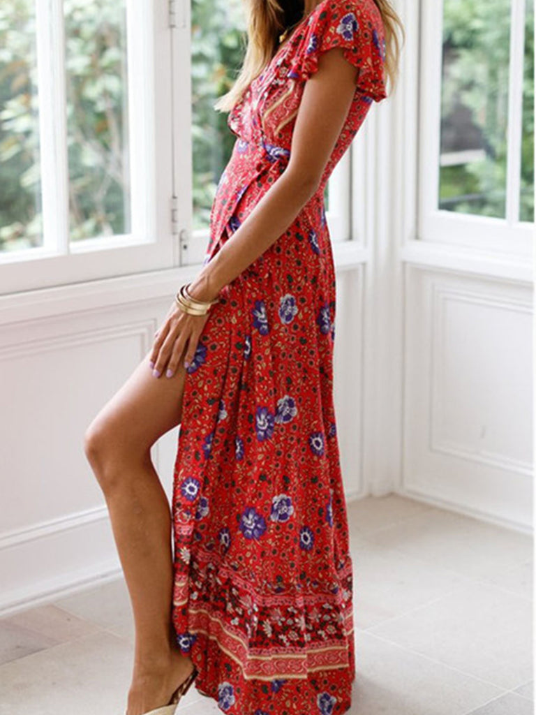 Kkboxly   Floral Print Bohemian Maxi Dress, V Neck Short Sleeve Dress For Spring & Summer, Women's Clothing