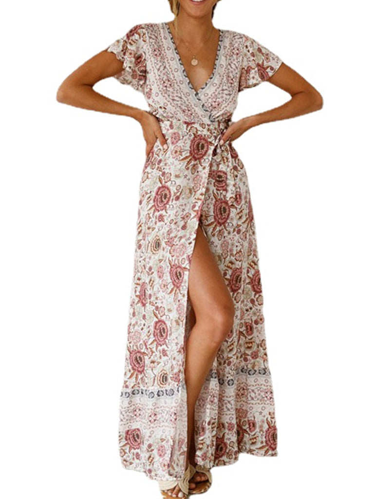 Kkboxly   Floral Print Bohemian Maxi Dress, V Neck Short Sleeve Dress For Spring & Summer, Women's Clothing