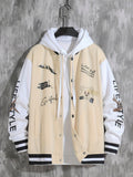 kkboxly Letter Print Varsity Jacket, Men's Casual Baseball Jacket Coat Regular Fit College Hipster Windbreaker For Spring Autumn