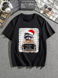 kkboxly Mens Casual Raccoon With Christmas Hat Mid Stretch Crew Neck Short Sleeve Graphic Tee, Male Clothes For Christmas