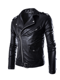 kkboxly  Stylish Slant Placket Biker Jacket, Men's Casual Solid Color Belt Zip Up Turndown Collar Faux Leather Jacket For Spring Fall