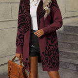 kkboxly  Zebra & Leopard Pattern Open Front Cardigan, Vintage Long Sleeve Hooded Sweater, Women's Clothing
