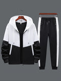 kkboxly  2pcs Men's Casual Zip-up Hooded Jacket And Color Block Jogger Pants With Zip Pockets