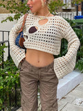 kkboxly  Y2K Crochet Crop Top, Long Sleeve Solid Casual Top, Women's Clothing
