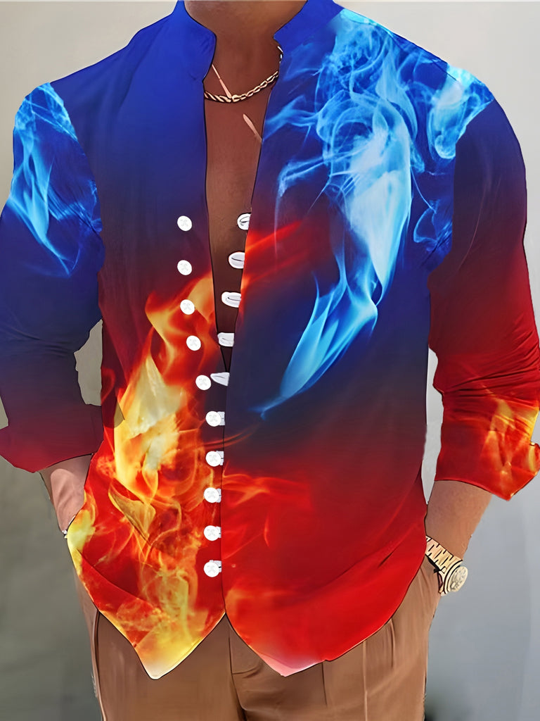 kkboxly  Blue, Red Flame 3D Pattern Print Men's Casual Long Sleeve Shirt, Men's Shirt For Spring Summer Autumn, Tops For Men