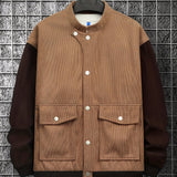 kkboxly  Men's Vintage Long Sleeves Stand Collar Color Block Button Jackets For Spring & Fall