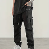 kkboxly  Men's Casual Cargo Pants, Regular Multi Pocket Waist Drawstring Work Pants For Outdoor Activities