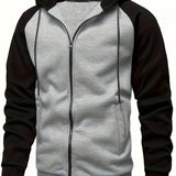 kkboxly  Autumn And Winter New Coat Color Contrast Zipper Cardigan Hooded Sweater Men's Casual Fleece Top