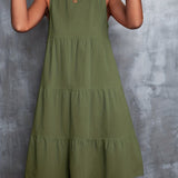 kkboxly  Round Neck Loose Big Swing Splicing Cake Dress, Casual Solid Color Sleeveless Waist Summer Dresses, Women's Clothing