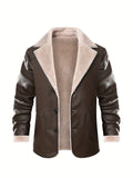 kkboxly Men's Stylish Solid Faux Leather Jacket With Pockets, Active Slightly Stretch Breathable Lapel Zip Up Long Sleeve Fleece Jacket  For Hiking Jogging Cycling Outdoor Fitness Workout