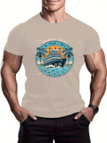 kkboxly kkboxly Comic Cruise Pattern Men's Casual Short Sleeve Crew Neck T-shirt, Summer Holiday