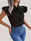 kkboxly Tie Neck Cap Sleeve Blouse, Casual Solid Ruffle Trim Blouse, Women's Clothing