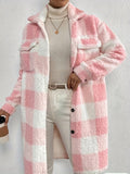 kkboxly  Plaid Pattern Teddy Coat, Casual Button Front Long Sleeve Outerwear, Women's Clothing