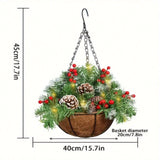 kkboxly 1pc Festive Artificial Christmas Hanging Basket - Decorated with Frosted Pine Cones, Shatterproof Ornaments, and Soft Faux Greenery - Perfect for Front Door, Wall, Window, Lawn, Yard, and Garden Xmas Decorations